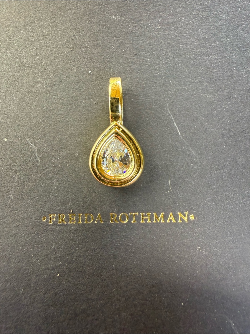 New in Box Freida Rothman Gold Teardrop Peceted Pendant with Clear Stone